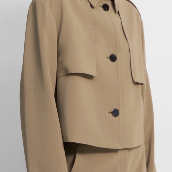 Theory Cropped Trench Coat in Admiral Crepe Beige Tan Brown Preppy Boho S - Picture 2 of 8